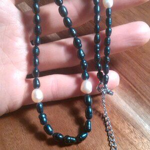 Freshwater Pearl and Green Pearl Stainless Steel Necklace (18 Inch)